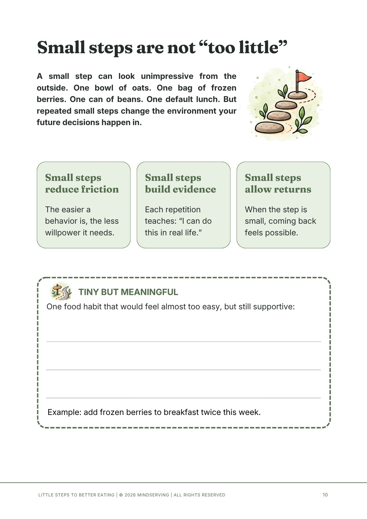Little Steps to Better Eating 4 Little Steps to Better Eating worksheet for choosing a small, repeatable food habit, with an example of adding berries to breakfast