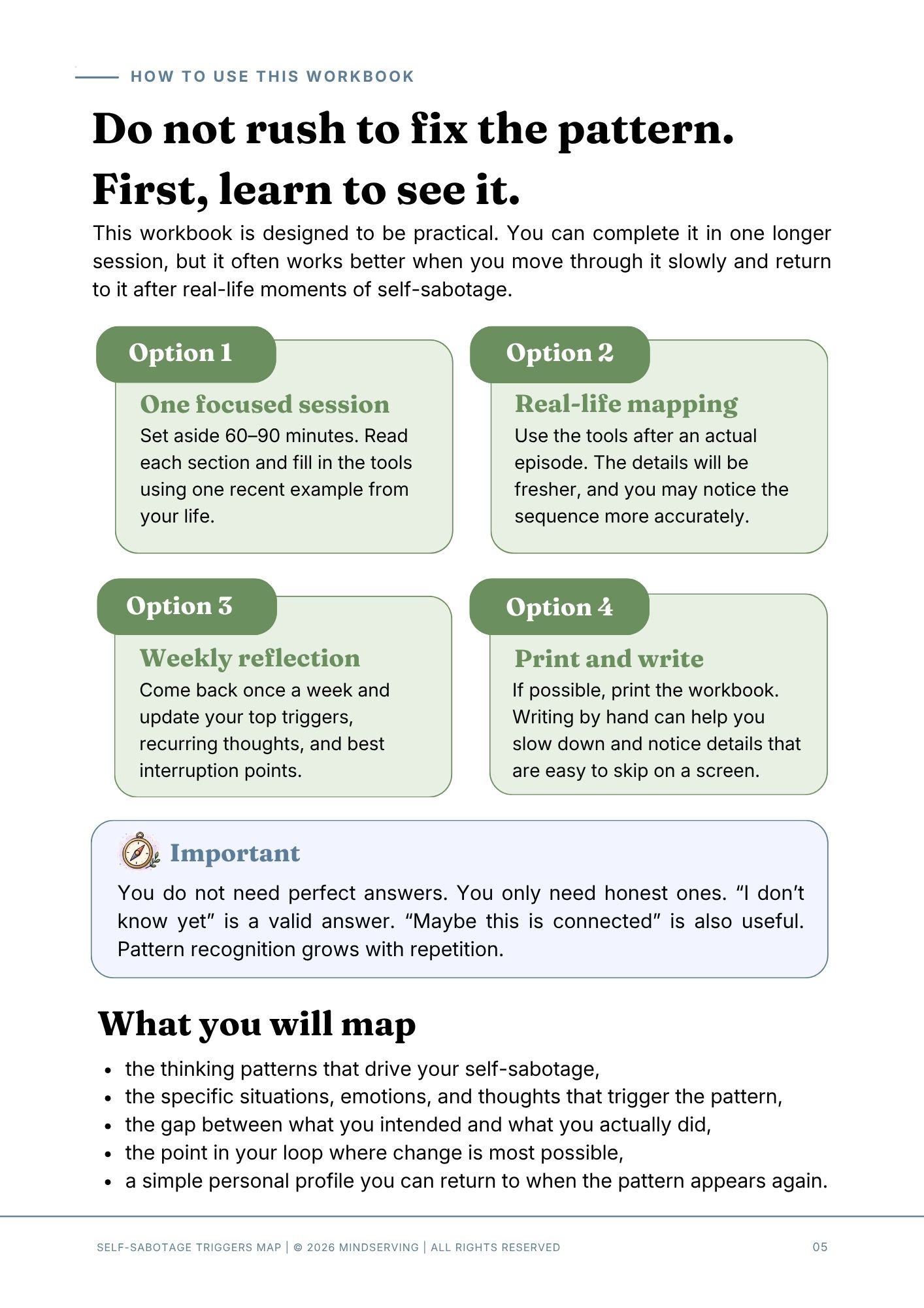 Self-Sabotage Triggers Map 2 Self-Sabotage Triggers Map sample page explaining four ways to use the workbook and identify recurring patterns