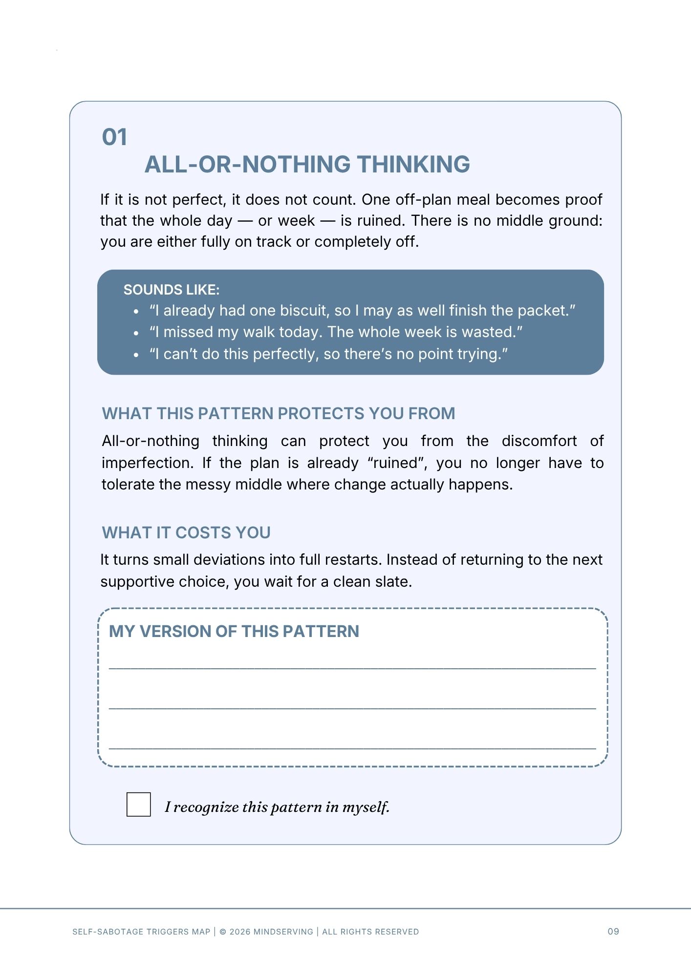 Self-Sabotage Triggers Map 6 Self-Sabotage Triggers Map worksheet on all-or-nothing thinking with examples and space to describe a personal pattern
