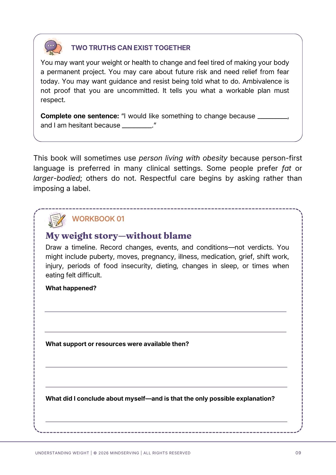 Understanding Weight workbook page with a weight-history timeline and reflection questions about support and self-blame