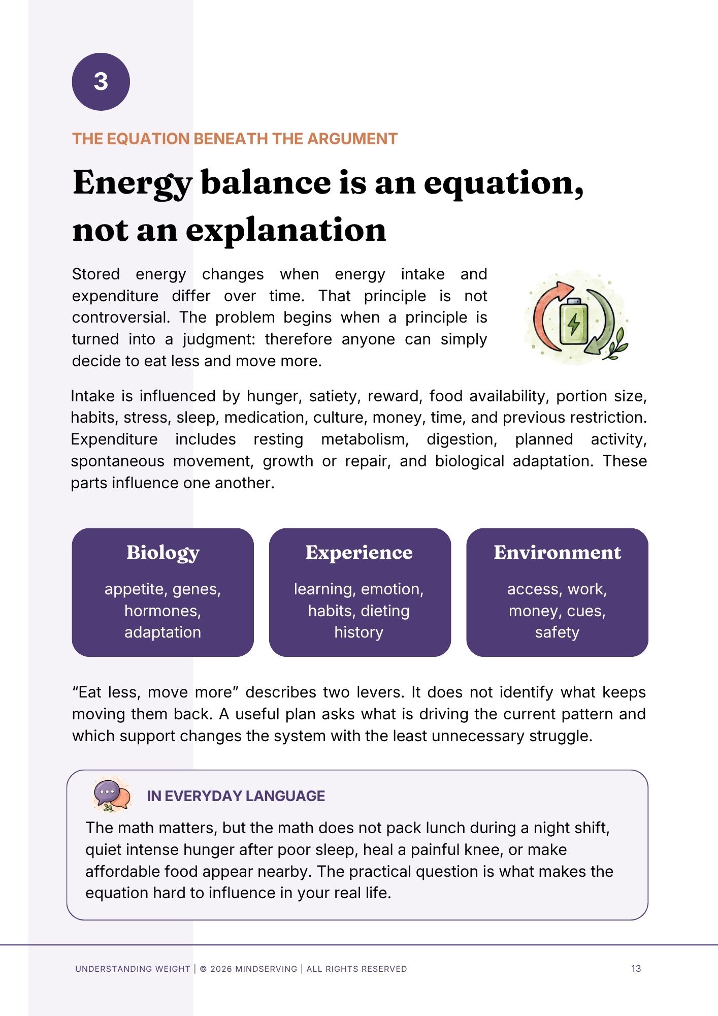 Understanding Weight sample page on energy balance and the roles of biology, experience, and environment