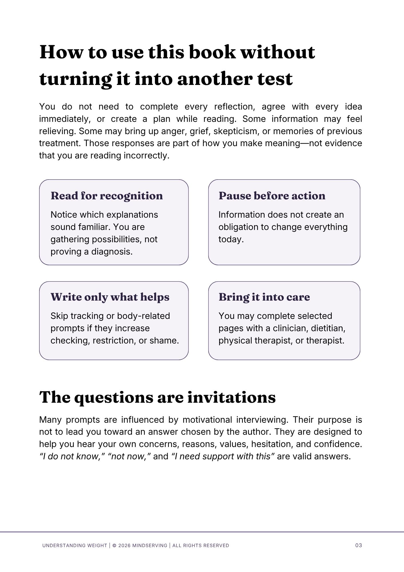 Understanding Weight sample page explaining how to use the book and its reflection prompts without pressure