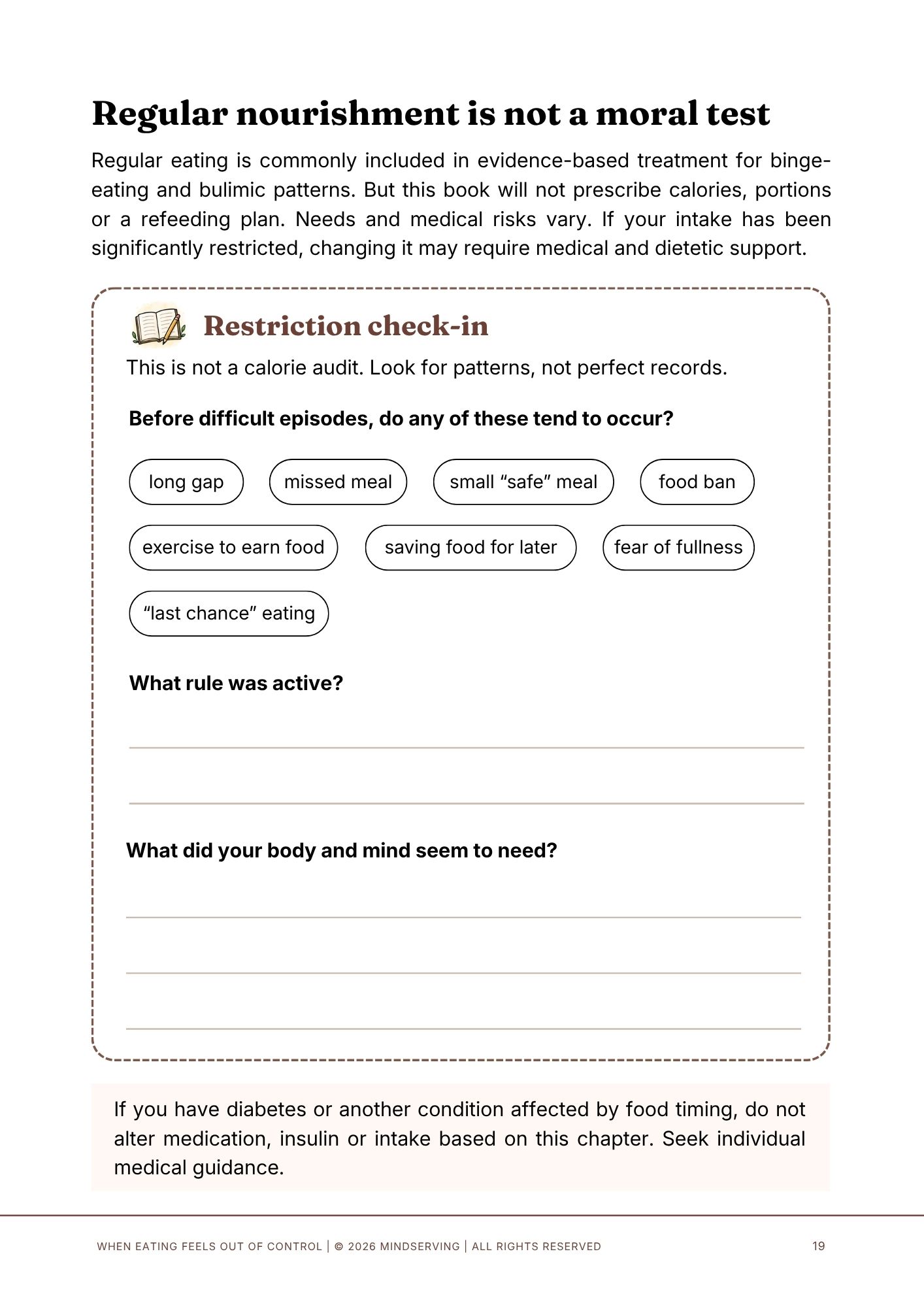 When Eating Feels Out of Control 6 When Eating Feels Out of Control worksheet with a restriction check-in and questions about food rules and unmet needs
